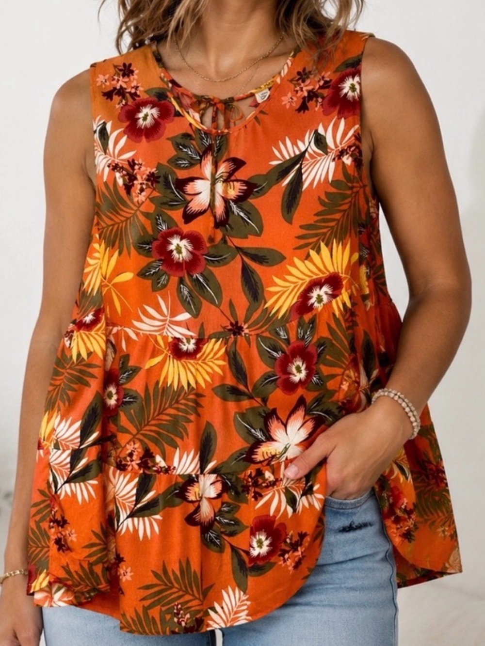 Tribal Tropical Floral Tiered Babydoll Top M